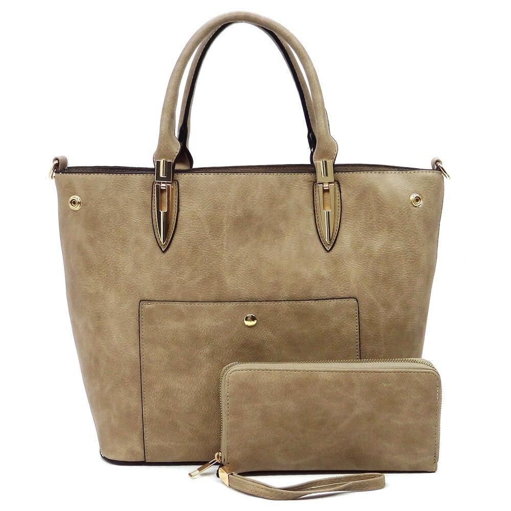 Women's Beige Fashion Top Handle Satchel Work Tote Bags 2pcs Set